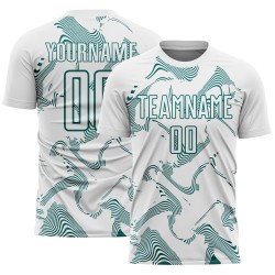 Maillot de football blanc Sports Lines Curve personnalisé bleu sarcelle, sublimation