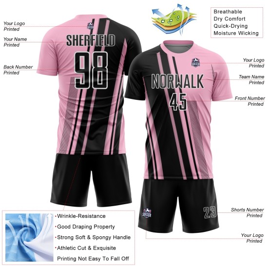 Maillot de football léger rose personnalisé à lignes sportives, noir et blanc, sublimation